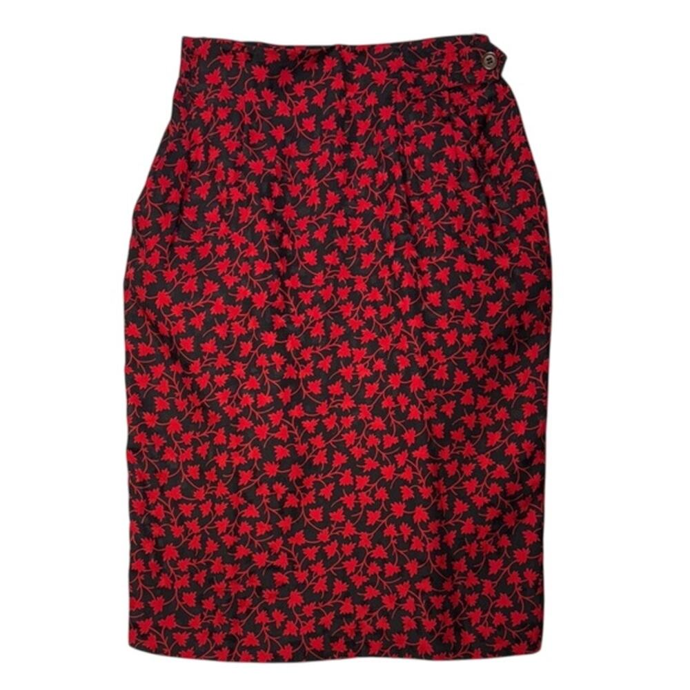 Vintage Anne Klein II Black Red Whimsygoth Silk Floral Pencil Skirt Womens Sze12